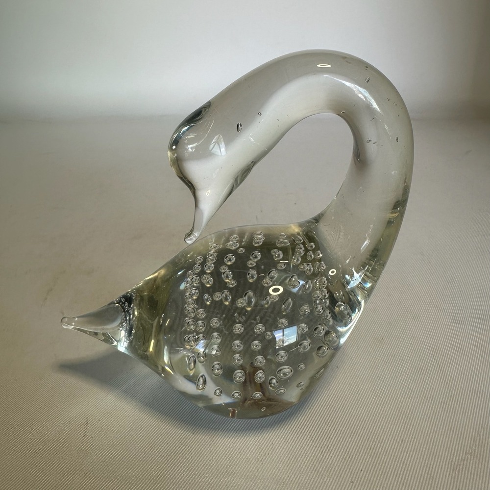 Vintage Hand Blown Art Glass Swan Figurine Paperweight with Controlled Bubbles